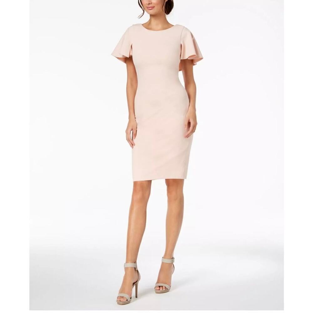Calvin Klein Pink Ruffle V Back Flutter Sleeve Boat Neck Sheath Dress Sz 14